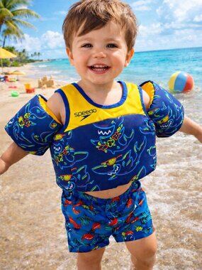 Speedo Kids Life Vest Floatation Vest NWOT 33–55 lbs Shark Print Swim Aid